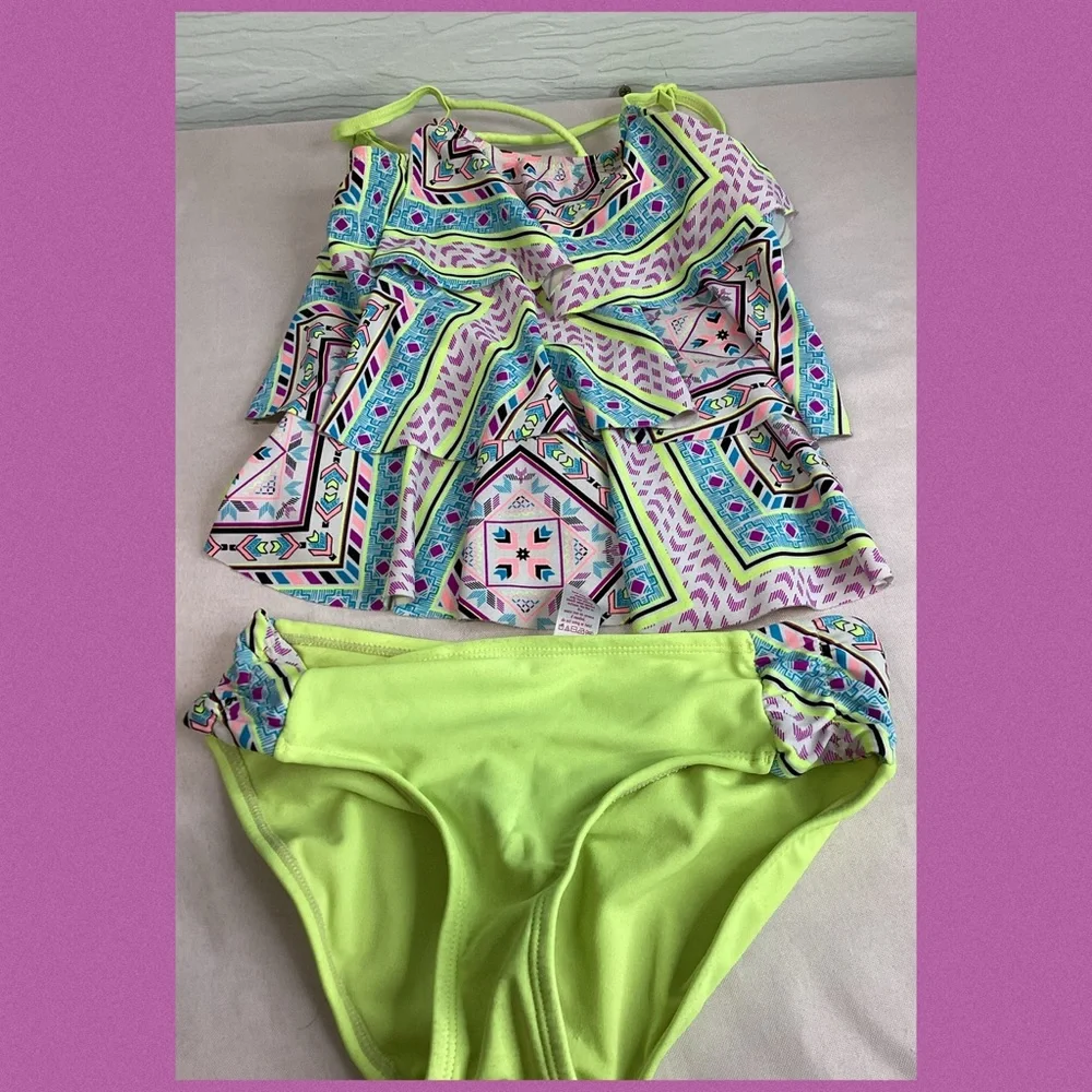 Justice Girls Neon Yellow & Pastel Geo Tankini Swim Set.48